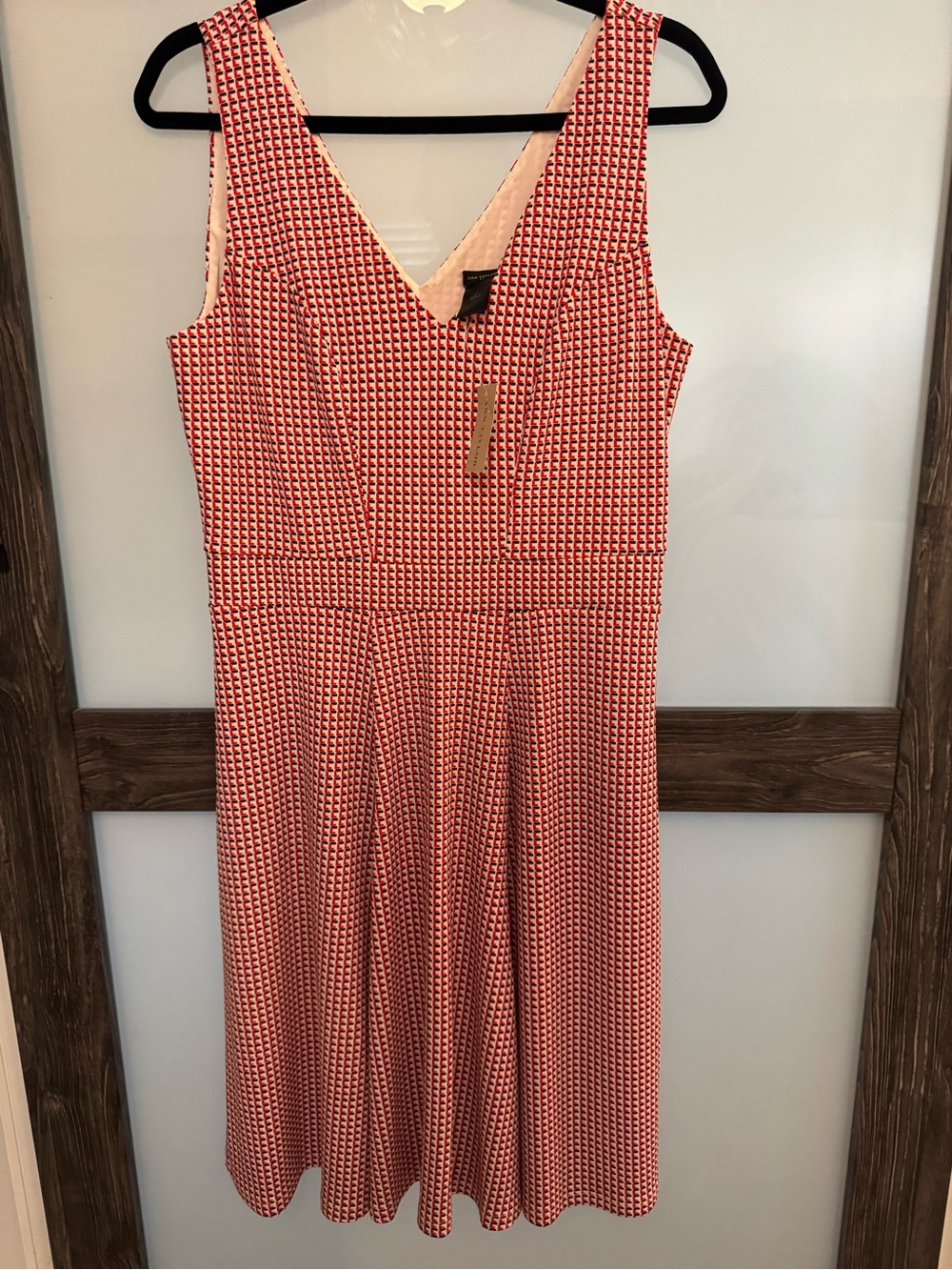 Ann Taylor Sleeveless V-Neck Red and White Patterned Midi Dress
